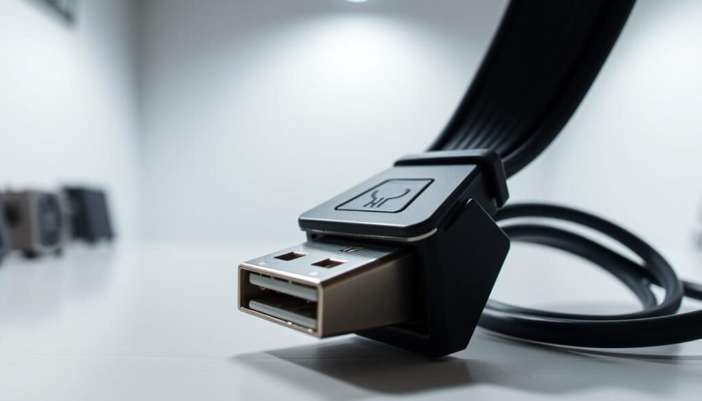 A close-up view of a SATA to USB adapter cable, showcasing its internal components and wiring. The adapter is positioned on a clean, well-lit workbench, with a sleek, minimalist backdrop. The cables are neatly arranged, highlighting their intricate design and the way they connect the SATA and USB interfaces. The lighting is soft and diffused, creating a sense of clarity and technical precision. The angle is slightly elevated, allowing the viewer to see the adapter from an engineer's perspective, emphasizing the importance of understanding the underlying technology. The overall mood is one of curiosity and technical fascination, inviting the viewer to explore the inner workings of this essential computer accessory.
