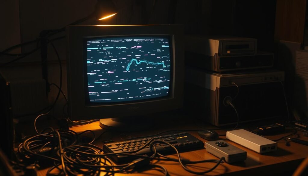 A dimly lit technical workspace, with a desk featuring a CRT monitor displaying glitched video. Cables, tools, and electronic components strewn around, creating an atmosphere of troubleshooting and problem-solving. The monitor's screen exhibits static interference, video artifacts, and distorted imagery, highlighting the challenges of legacy display connections. Warm task lighting illuminates the scene, casting shadows that add depth and drama. The overall composition conveys the diagnostic process of identifying and resolving video compatibility issues.