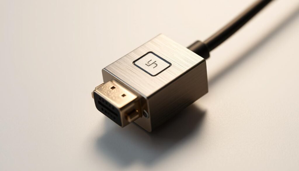 A high-quality, close-up shot of a sleek, metallic DisplayPort to DVI adapter. The adapter is positioned diagonally, with the DisplayPort and DVI connectors clearly visible, showcasing their distinct shapes and sizes. The surface has a smooth, brushed texture, reflecting the overhead lighting. The background is a simple, neutral tone, allowing the adapter to be the focal point. The lighting creates subtle shadows, adding depth and dimension to the scene. The overall mood is one of precision, functionality, and technical sophistication, reflecting the DIY nature of the project.
