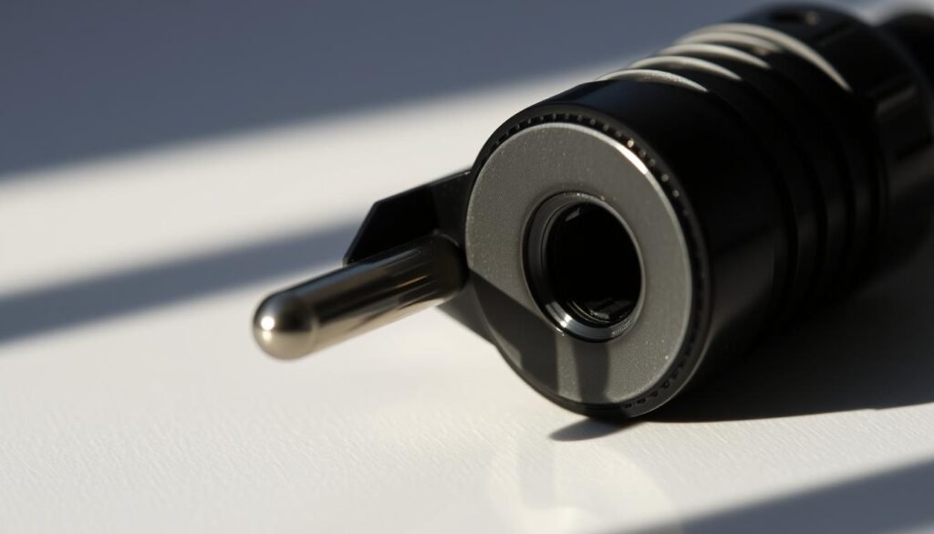 A highly detailed, close-up photograph of a mirror plug connector for electronic devices. The plug is made of glossy black plastic, with a cylindrical body and a flat face with a circular recessed area. The surface has a smooth, reflective finish that creates a subtle mirrored effect. The plug is lit from the side, casting dramatic shadows that highlight the shape and texture. The background is blurred and softened, putting the focus entirely on the intricate design of the connector. The lighting and angle create a professional, technical aesthetic, emphasizing the plug's function as a vital interface for electronic equipment.