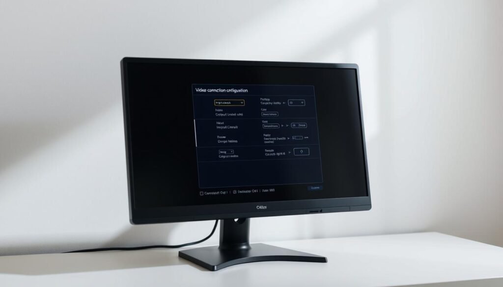 A modern, well-lit monitor displaying a video connection configuration interface, showcasing various input/output ports and settings. The screen is sharp, with a clean, intuitive user interface. The monitor is positioned on a minimalist desk, surrounded by a neutral-toned environment that allows the display to be the focal point. Soft, directional lighting creates subtle shadows and highlights the monitor's sleek design. The overall atmosphere is professional, calm, and conducive to technical troubleshooting and setup tasks.