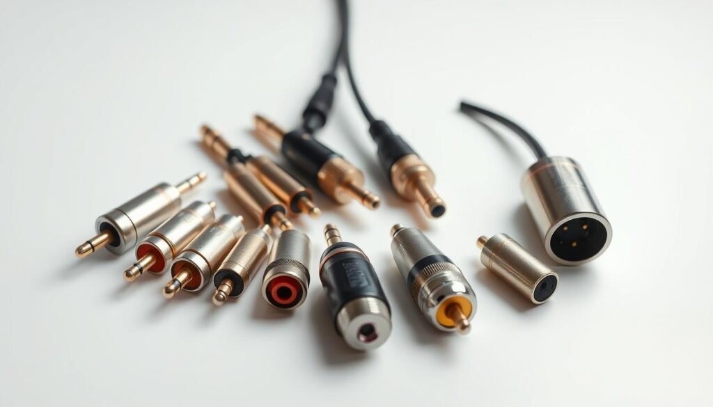 A neatly arranged assortment of analog audio connectors, including 3.5mm jacks, RCA plugs, and XLR terminals, resting on a sleek, minimalist workspace. The connectors are captured in a clean, well-lit studio setup with soft, directional lighting that accentuates their metallic finishes and intricate details. The scene conveys a sense of organization and technical professionalism, perfectly suited to illustrate the "Unify Smaller Adapter Types" section of the "Legacy Adapter Projects" article.