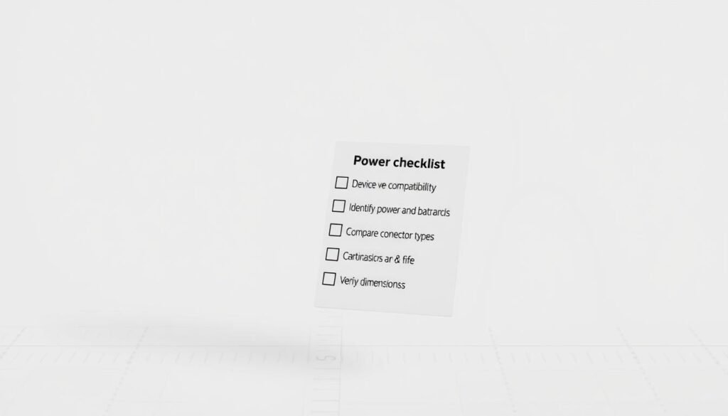 A power checklist with a clean, minimalist aesthetic. In the foreground, a simple checklist with crisp, sans-serif text and check boxes, floating against a plain white background. The checklist items should convey the key steps in choosing the right adapter, such as "Determine device compatibility", "Identify power and data requirements", "Compare connector types", and "Verify dimensions and fit". The middle ground features subtle grid lines or guidelines to create a sense of structure and organization. The background is a soft, neutral gray, creating a professional, refined atmosphere that complements the subject matter.