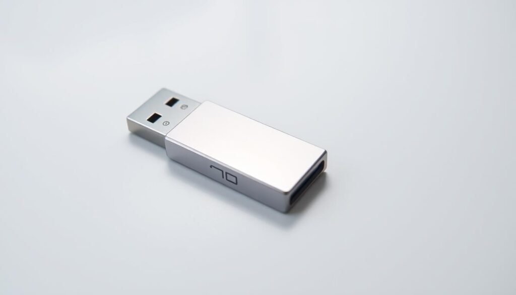 A sleek, silver USB drive rests on a clean, minimalist desktop, its metallic surface catching the soft, indirect lighting from above. The drive's smooth contours and compact design evoke a sense of modern technology and efficiency. The desktop is devoid of clutter, allowing the USB drive to take center stage, highlighting its role as a practical tool for data storage and transfer. The overall mood is one of simplicity, functionality, and the seamless integration of digital devices into the workspace.
