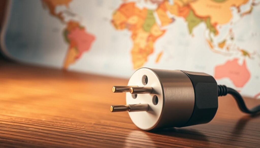 A travel plug, its prongs neatly arranged, rests upon a wooden surface, bathed in warm, soft lighting. The plug's metallic body gleams, its shape suggesting functionality and global compatibility. In the background, a blurred world map evokes the plug's versatility, hinting at its ability to seamlessly connect devices across international borders. The overall composition conveys a sense of practicality, convenience, and the freedom to explore the world, unhindered by power supply challenges.